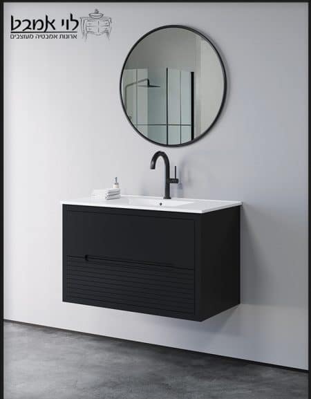 ארון אמבטיה דגם אופק חריצים ירוק שחור משטח כיור 90 ס"מ עומק 47 ס"מ תלוי