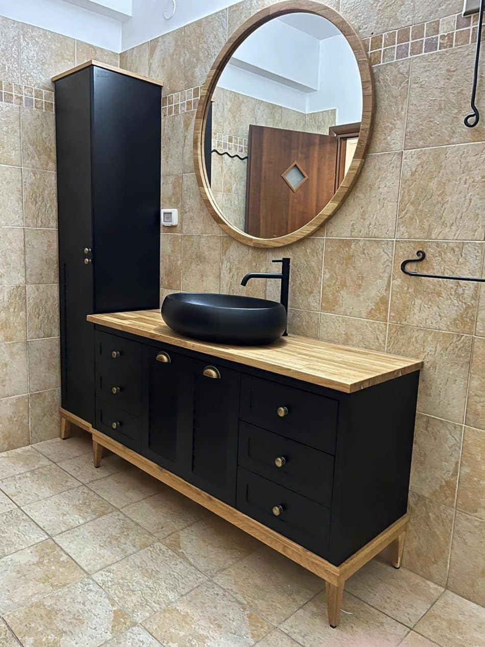 ארון אמבטיה דגם ליאו שחור רוחב 150 ס"מ עם משטח בוצ'ר עם ארון שירות