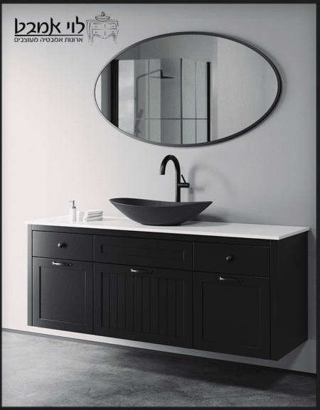ארון אמבטיה דגם ונציה רוחב 150 ס"מ שחור תלוי משטח קוריאן לבן